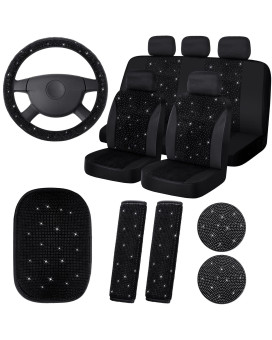 15 Pieces Bling Velvet Fabric Car Seat Covers Full Set Black Bling Car Accessories For Women,Diamond Steering Wheel Cover Rhinestone Crystal Seat Belt Cover, Center Console Pad Universal Car Decor