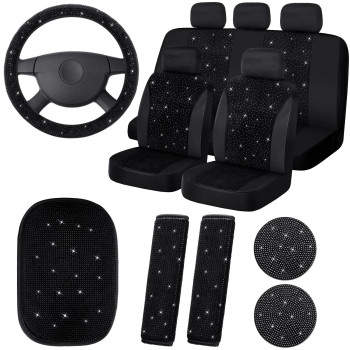 15 Pieces Bling Velvet Fabric Car Seat Covers Full Set Black Bling Car Accessories For Women,Diamond Steering Wheel Cover Rhinestone Crystal Seat Belt Cover, Center Console Pad Universal Car Decor