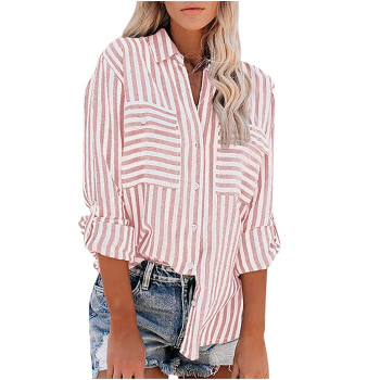 Womens Summer Fall Button Down Shirts 2022 Casual Trendy Long Sleeve Collared Striped Loose Cute Dressy Blouses Cute Tees Pink