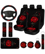 Tallew 15 Pcs Rose Art Flower Car Seat Covers Full Set For Women Rubber Steering Wheel Armrest Seatbelt Covers Polyester Fabric Front Seat Rear Backrest Bottom Cover Universal (Red)