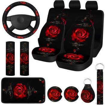 Tallew 15 Pcs Rose Art Flower Car Seat Covers Full Set For Women Rubber Steering Wheel Armrest Seatbelt Covers Polyester Fabric Front Seat Rear Backrest Bottom Cover Universal (Red)