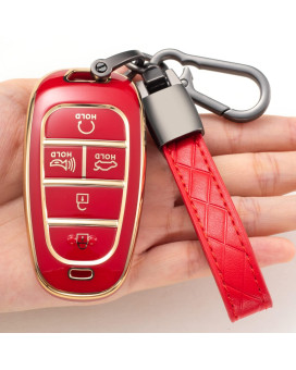 Compatible With Hyundai Key Fob Cover,Tpu 360 Degree Car Key Case Protector With Keychain Compatible With 2022 2021 2020 Hyundai Sonata Santa Fe Tucson Keyless Entry 5 Buttons Smart Key(Red)