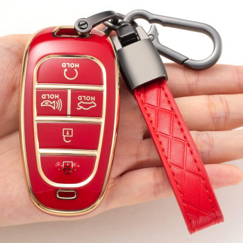 Compatible With Hyundai Key Fob Cover,Tpu 360 Degree Car Key Case Protector With Keychain Compatible With 2022 2021 2020 Hyundai Sonata Santa Fe Tucson Keyless Entry 5 Buttons Smart Key(Red)