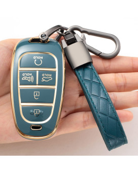 Compatible With Hyundai Key Fob Cover,Tpu 360 Degree Car Key Case Protector With Keychain Compatible With 2022 2021 2020 Hyundai Sonata Santa Fe Tucson Keyless Entry 5 Buttons Smart Key(Blue)