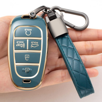 Compatible With Hyundai Key Fob Cover,Tpu 360 Degree Car Key Case Protector With Keychain Compatible With 2022 2021 2020 Hyundai Sonata Santa Fe Tucson Keyless Entry 5 Buttons Smart Key(Blue)