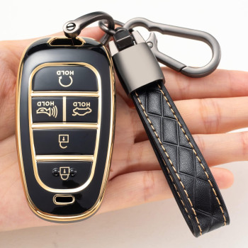 Compatible With Hyundai Key Fob Cover,Tpu 360 Degree Car Key Case Protector With Keychain Compatible With 2022 2021 2020 Hyundai Sonata Santa Fe Tucson Keyless Entry 5 Buttons Smart Key(Black)