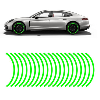 16Pcs 17-19 Reflective Wheel Rim Stripe Decal, Car Wheel Rim Tapes Decoration Stickers, Waterproof Night Safety Decals Automotive Accessories Universal For Motorcycle, Car, Bicycle (Green)