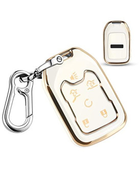 Qbuc For Gmc Key Fob Cover Tpu Protector Case With Keychain For 2019-2021 Chevrolet Chevy Silverado And Gmc Sierra 1500 2500Hd 3500Hd Terrain Acadia Yukon Key Cover Smart Remote 3456 Button(White)