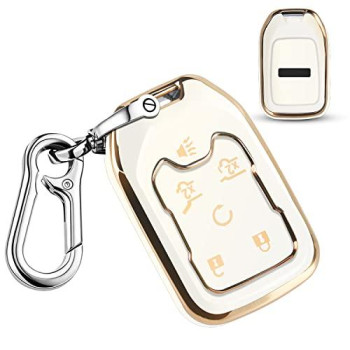 Qbuc For Gmc Key Fob Cover Tpu Protector Case With Keychain For 2019-2021 Chevrolet Chevy Silverado And Gmc Sierra 1500 2500Hd 3500Hd Terrain Acadia Yukon Key Cover Smart Remote 3456 Button(White)