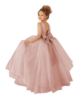 Mcieloluna Dusty Rose Ball Gown Tulle Flower Girl Dresses Bow-Knot Pearls Bridesmaid Wedding Birthday Party First Communion Dress For Kids Size 12