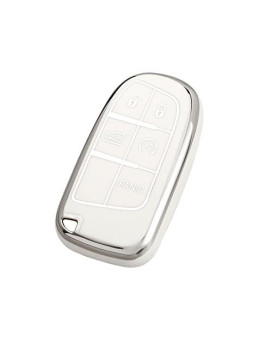 Offcurve For Jeep Dodge Key Fob Cover, Car Key Cover Case For Jeep Grand Cherokee Wrangler Compass Renegade Patriot Grand Comander 3 4 5 Buttons Smart Key Car Accessories Holder Protector, White