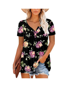 Women Tunic Tops To Wear With Leggings 2022 Summer Casual Dressy Blouses Short Sleeve Lace Neck Flowy Hide Belly Cute Shirts, Black-03