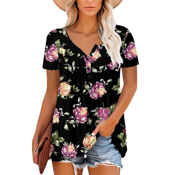 Women Tunic Tops To Wear With Leggings 2022 Summer Casual Dressy Blouses Short Sleeve Lace Neck Flowy Hide Belly Cute Shirts, Black-03