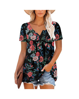 Women Tunic Tops To Wear With Leggings 2022 Summer Casual Dressy Blouses Short Sleeve Lace Neck Flowy Hide Belly Cute Shirts