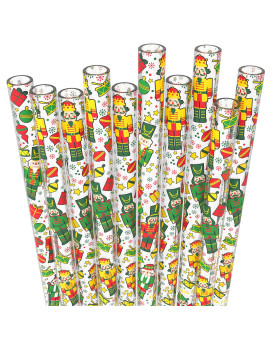 Fiesta First 10 Long Reusable Transparent Hard Plastic Drinking Straws, Christmas Nutcrackers Print Design Sturdy Cleaning Brush - For Kids, Tumblers And Mason Jars - Bpa Pfoa Free