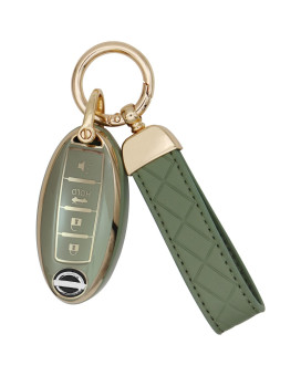 Suncaraccl For Nissan Key Fob Cover With Leather Keychain, Soft Tpu Full Cover Protection Key Case For Altima Maxima Rogue Armada Pathfinder Smart Key (Green)