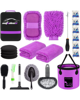 Autodeco 22Pcs Car Wash Cleaning Tools Kit Car Detailing Set With Canvas Bag Purple Collapsible Bucket Wash Mitt Sponge Towels Tire Brush Window Scraper Duster Complete Interior Car Care Kit
