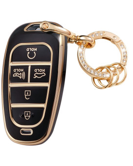 Wsauto For Hyundai Key Fob Cover Soft Tpu Protection Car Key Case Shell With Fashion Gold Bling Keychain Compatible With 2020-2023 Sonata Santa Fe Tucson Keyless Entry Smart Key Black