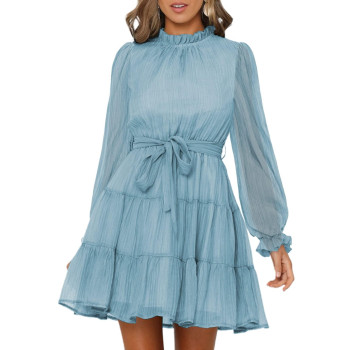 Happy Sailed Womens High Neck Ruffle Long Sleeve Tie Waist Swing Mini Short Dresses,Large Sky Blue