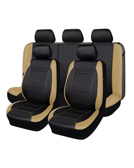 Flying Banner Car Seat Covers Protects Water Proof Faux Leather Carbon Fiber Front And Rear Bench (Black Beige, Full Set -- 8Pcs)