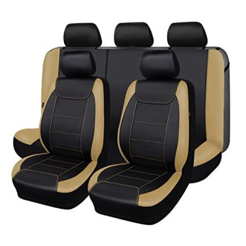 Flying Banner Car Seat Covers Protects Water Proof Faux Leather Carbon Fiber Front And Rear Bench (Black Beige, Full Set -- 8Pcs)