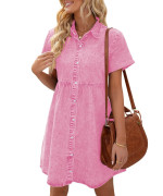 Lookbookstore Pink Dresses For Women Valentines Day Pink Dress 2023 Summer Short Jean Dress Casual Short Sleeves Babydoll Denim Dress For Women Size Xs