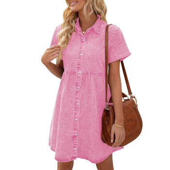 Lookbookstore Pink Dresses For Women Valentines Day Pink Dress 2023 Summer Short Jean Dress Casual Short Sleeves Babydoll Denim Dress For Women Size Xs