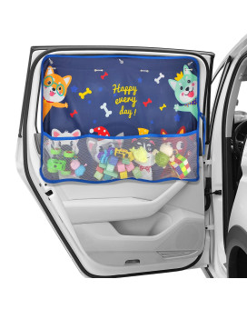 Diza100 Car Sun Shade For Window Baby, Full Shade Car Window Shades With Storage Net Pocket Car Window Curtain 7 Suction Cups Cute Patterns For Sunheatuv Rays Protection Kids (Blue-Cute Dogs)