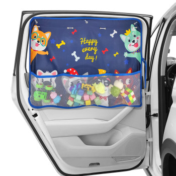 Diza100 Car Sun Shade For Window Baby, Full Shade Car Window Shades With Storage Net Pocket Car Window Curtain 7 Suction Cups Cute Patterns For Sunheatuv Rays Protection Kids (Blue-Cute Dogs)