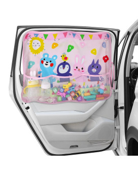 Diza100 Car Sun Shade For Window Baby, Full Shade Car Window Shades With Storage Net Pocket Car Window Curtain 7 Suction Cups Cute Patterns For Sunheatuv Rays Protection Kids (Pink-Animals)