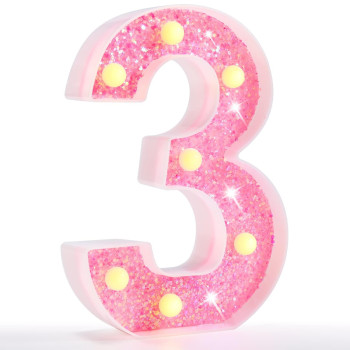 Pooqla Marquee Numbers Lights, Light Up Numbers Battery Powered, Glitter Lighted Numbers For Birthday Party, Shiny Led Numbers For Christmas Wedding Home Bar Decoration, Pink Number 3