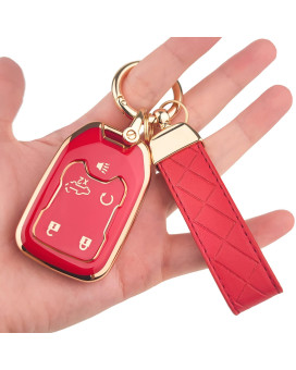 Ollen Key Fob Cover With Leather Keychain, Fit For 2017-2023 Gmc Acadia, 2019-2023 Terrain, 2019-2021 Gmc Sierra, Chevy Silverado, Full Protection Soft Tpu Key Case, 5 Button, With Keychain, Red