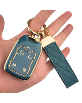 Ollen Key Fob Cover With Leather Keychain, Fit For 2017-2023 Gmc Acadia, 2019-2023 Terrain, 2019-2021 Gmc Sierra, Chevy Silverado, Full Protection Soft Tpu Key Case, 5 Button, With Keychain, Blue