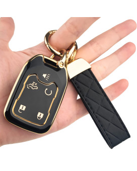 Ollen Key Fob Cover With Leather Keychain, Fit For 2017-2023 Gmc Acadia, 2019-2023 Terrain, 2019-2021 Gmc Sierra, Chevy Silverado, Full Protection Soft Tpu Key Case, 5 Button, With Keychain, Black