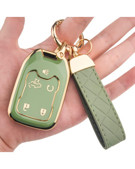 Ollen Key Fob Cover With Leather Keychain, Fit For 2017-2023 Gmc Acadia, 2019-2023 Terrain, 2019-2021 Gmc Sierra, Chevy Silverado, Full Protection Soft Tpu Key Case, 5 Button, With Keychain, Green