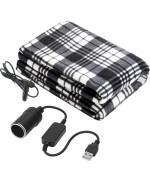 Electric Car Blanket 12V 58 X 43 Inch Travel Heated Fleece Blanket With Temperature Controller, Usb Charger Car Outlet Adapter For Car, Cold Weather Tailgating And Emergency Kit (Black White Stripe)