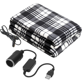 Electric Car Blanket 12V 58 X 43 Inch Travel Heated Fleece Blanket With Temperature Controller, Usb Charger Car Outlet Adapter For Car, Cold Weather Tailgating And Emergency Kit (Black White Stripe)