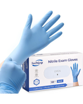 SwiftGrip Disposable Nitrile Exam Gloves, 3-mil, Blue, Nitrile Gloves Disposable Latex Free, Medical Gloves, Cleaning Gloves, Food-Safe Rubber Gloves, Powder Free, Non-Sterile, 100-ct Box (Medium)