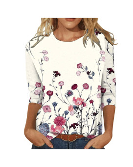 Summer 34 Sleeve T Shirt Landscape Painting Pattern Top For Womens Three Quarter Sleeve Pullover Round Neck Tee