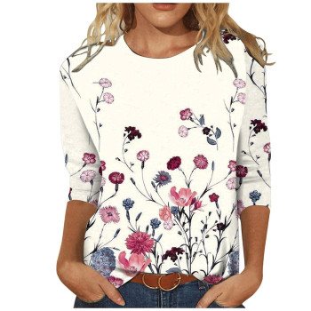 Summer 34 Sleeve T Shirt Landscape Painting Pattern Top For Womens Three Quarter Sleeve Pullover Round Neck Tee