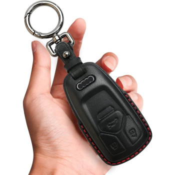 Tukellen For Audi Key Fob Cover Genuine Leather With Keychain,Leather Key Case Protector Compatible Audi A4 Q7 Q5 Tt A3 A6 Sq5 R8 S5 Smart Key-Black (Red Line)