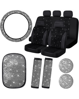 15 Pieces Bling Velvet Fabric Car Seat Covers Full Set Black Bling Car Accessories For Women, Diamond Steering Wheel Cover Rhinestone Crystal Seat Belt Cover, Center Console Pad Car Decor (White)