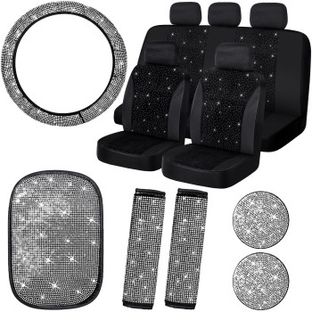 15 Pieces Bling Velvet Fabric Car Seat Covers Full Set Black Bling Car Accessories For Women, Diamond Steering Wheel Cover Rhinestone Crystal Seat Belt Cover, Center Console Pad Car Decor (White)