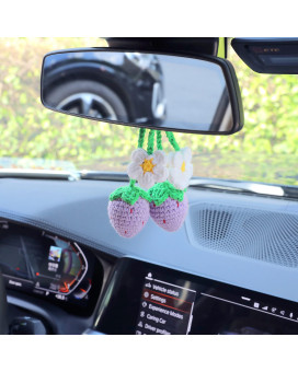 2 Pcs Cute Crochet Strawberry Car Hanging Ornament For Car Rearview Mirrior Decor, Car Mirror Hanging Charms Accessories, Car Pendant Fruit For Gift-Handmade Knitted (Purple)