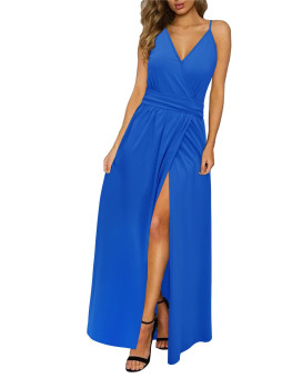 Newshows Womens Summer Formal V Neck Spaghetti Strap Sleeveless Casual Royal Blue Long Maxi Dress (Cerulean Blue, Large)