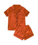 Sweatyrocks Womens Short Sleeve Sleepwear Button Down Satin 2 Piece Pajama Set Solid Rust Brown Xl