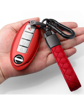 Autophone Compatible With Nissan Key Fob Cover With Leather Keychain Soft Tpu 360 Degree Protection Key Case For Altima Maxima Rogue Armada Pathfinder Smart Key 3 4 5-Button-Red