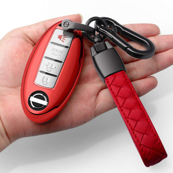 Autophone Compatible With Nissan Key Fob Cover With Leather Keychain Soft Tpu 360 Degree Protection Key Case For Altima Maxima Rogue Armada Pathfinder Smart Key 3 4 5-Button-Red