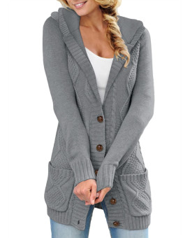 Sidefeel Women Hooded Sweater Cardigan Button Down Front Winter Coat Large Gray