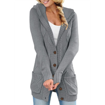 Sidefeel Women Hooded Sweater Cardigan Button Down Front Winter Coat Large Gray